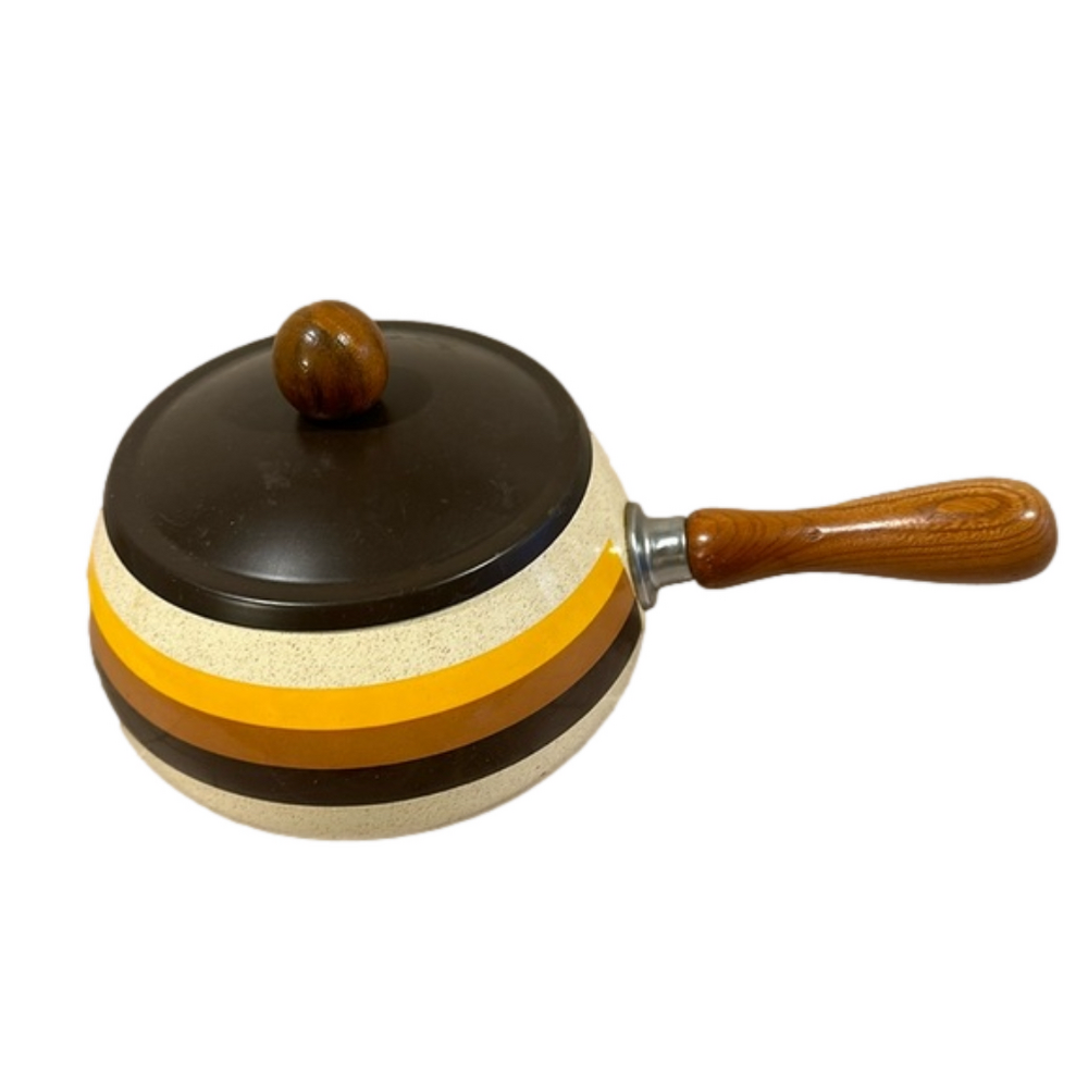 Vintage enamel fondue pot or sauce pot with wooden handle and wooden lid handle